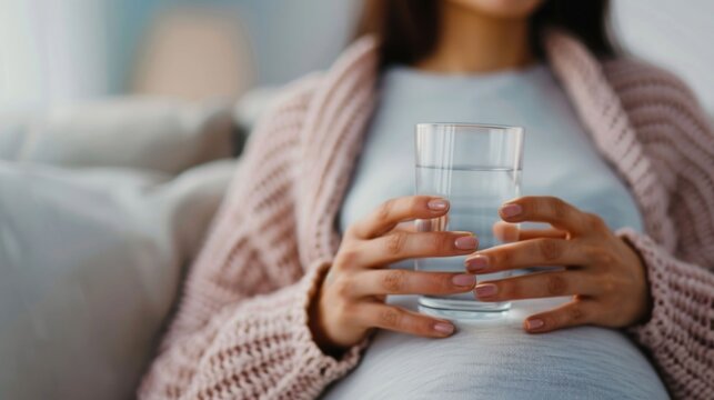 Close up of a pregnant woman s hands holding a clear glass of water dressed in a cozy knitted cardigan resting in a soft lit home environment emphasizing hyd n and peaceful maternity