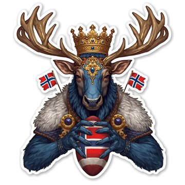 Majestic Reindeer Head with Crown and Nordic Shield Emblem in Ornate Vector Illustration