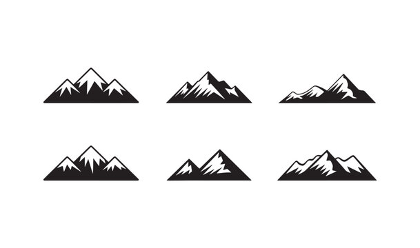 Black and white mountain icons featuring snowy peaks and rocky cliffs for landscape design projects.