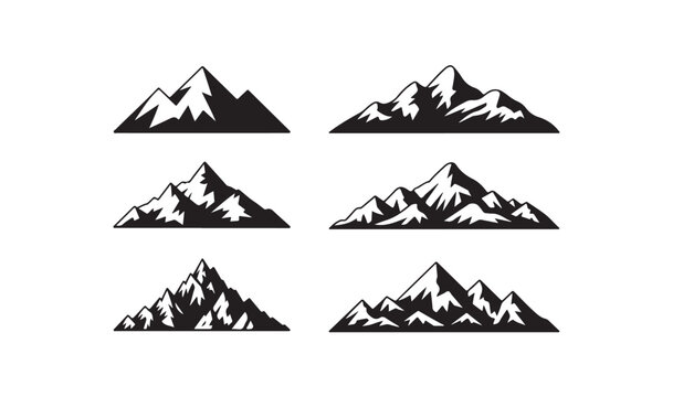 Stylized mountain range vector icons with rocky peaks for adventure travel and hiking gear logos.