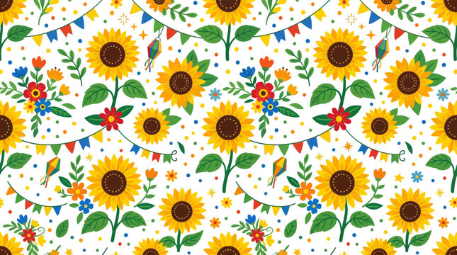 Festive sunflowers with colorful bunting and lanterns pattern