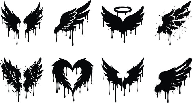 Vector silhouettes of artistic wing icons with dripping graffiti effect including angel wings, broken wings, heart wings, and grunge textures
