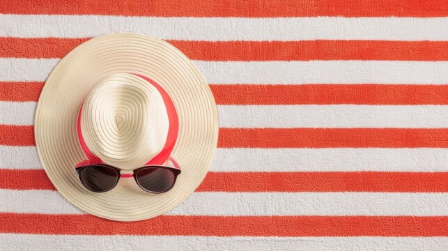 Top down view of a floppy straw sun hat with a red band and classic sunglasses laid on a textured beach towel featuring bold horizontal orange and white stripes evoking a vacation vibe