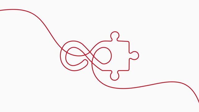 Continuous one-line drawing of a puzzle piece connected with an infinity loop symbol for creative, eternal solution, business strategy, and connection concepts.