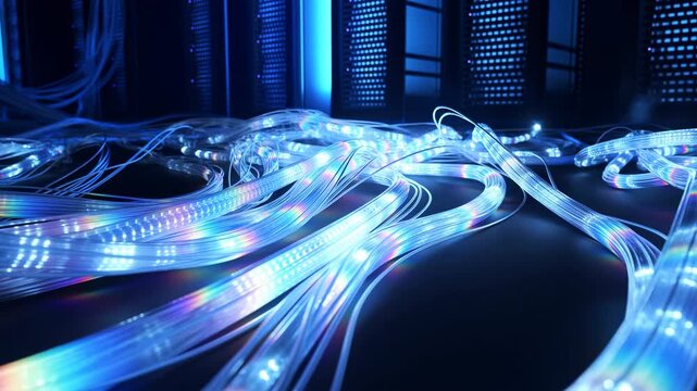 Fiber optic cable routing across datacenter floor toward illuminated server racks at midpoint