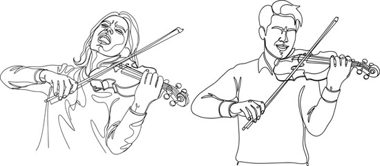Two musicians playing violins with passion, expressive line art style © Dario