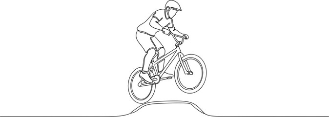Naklejka premium BMX rider performing a trick on a dirt jump, line art illustration