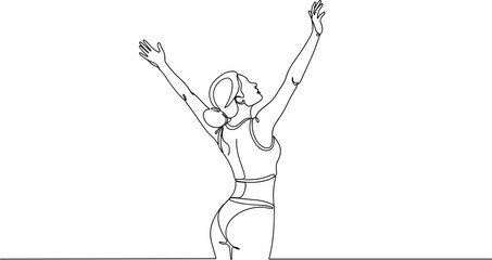 Minimalist single line drawing of a woman with arms raised, celebrating freedom © Discrod
