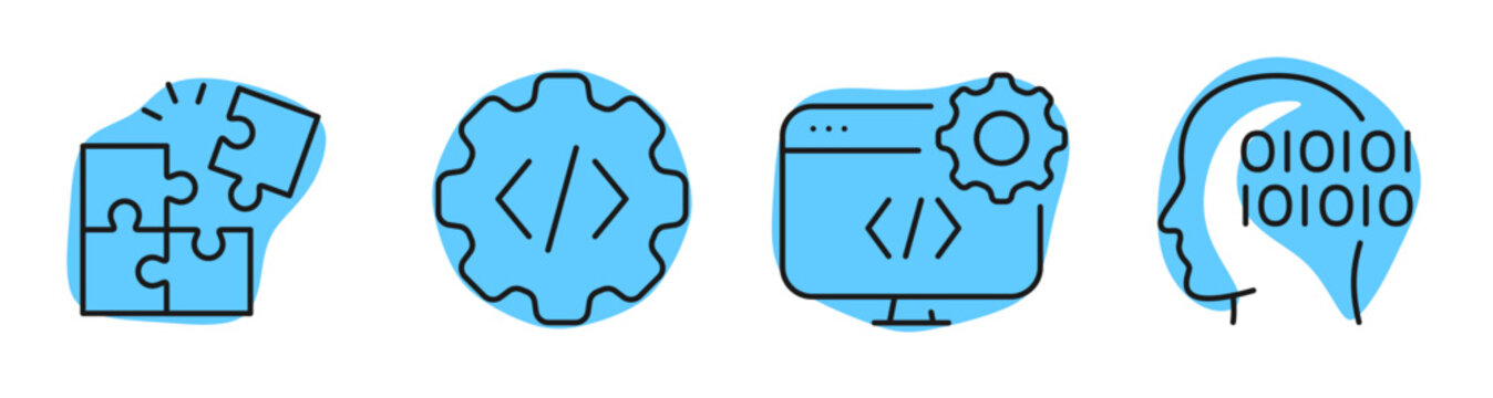 Puzzle and coding icons showing development and artificial intelligence. Editable stroke