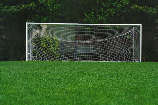 textured soccer game field in front of the soccer goal. - center, midfield