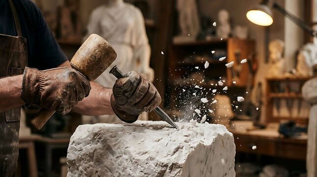 Sculptor Carving Marble Stone With Chisel and Mallet in Studio