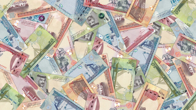 Seamless pattern, financial illustration. Paper banknotes scattered in disarray. Half 1 5 10 dinar notes. Kingdom of Bahrain. Business textured wallpaper and background. Bills of dinars