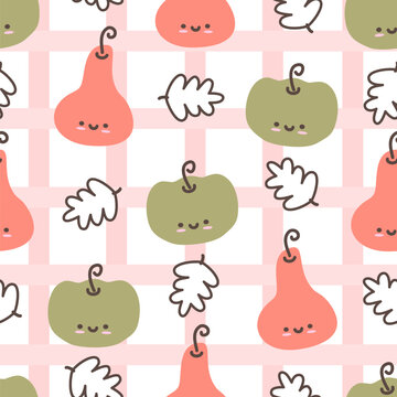 cute hand drawn kawaii green pumpkin and orange butternut squash seamless vector pattern on pink gingham background. Autumn fall holidays illustration