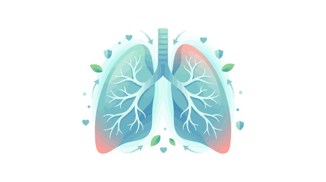 Modern flat vector illustration of human respiratory system lungs with soft gradients and nature elements representing clean air and wellness