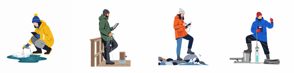 Flat illustration set of scientists conducting environmental research and water quality testing in arctic or coastal environments using various scientific equipment. © Slamet