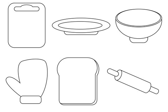 Kitchen outline icon set with cutting board plate bowl mitt bread and rolling pin