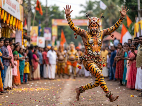 Pulikali Tiger Dance Performer Entertaining Festival Crowds During Kerala Onam Celebration Showcasing Traditional Folk Culture, Community Spirit and Festive Energy
