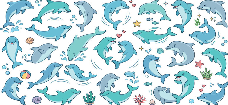 Cute Cartoon Dolphin Sticker Set Featuring Adorable Marine Animals Jumping, Swimming, Playing with Balls, and Interacting with Sea Creatures for Aquatic Graphic Designs
