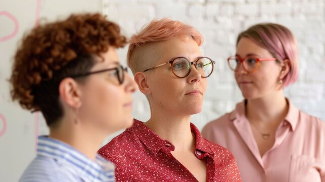 A diverse group of three professionals featuring unique hairstyles and modern eyewear engage in thoughtful discussion and collabo n within a bright contemporary workspace