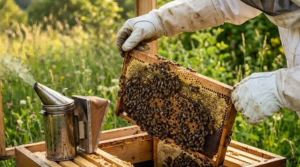 Beekeeper inspecting a honey frame with bees and a smoker in an apiary