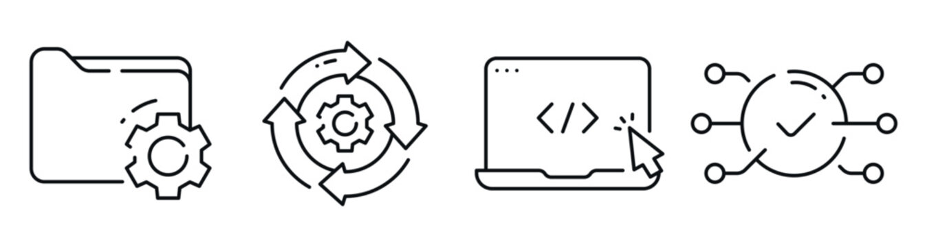 Software development icons showing deployment and integration. Editable stroke