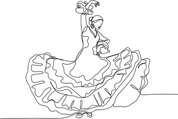 Obraz premium Flamenco Dancer Continuous Line Art Drawing Woman Dancing Dress