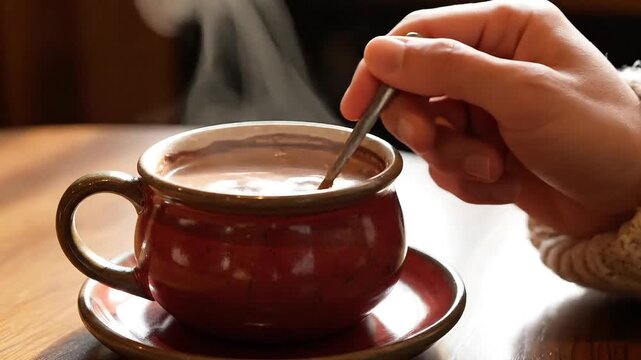 Hand stirs a hot cup of steaming chocolate with a metal spoon on a wooden table in a cozy setting.