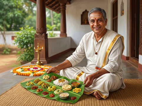 Elderly Kerala Man Enjoying Traditional Onam Sadya Feast on Banana Leaf Celebrating Family Traditions, Hospitality and Kerala Culinary Heritage
