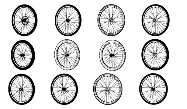 Bicycle Wheel Vector Set with Mountain Bike Tyres and MTB Wheel Symbols