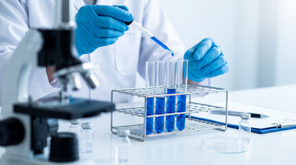 Fototapeta premium A scientist using a pipette to drop blue liquid into test tubes in a laboratory for chemical research