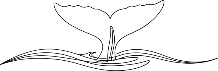 Whale tail diving into abstract waves, minimalist line art © Indah