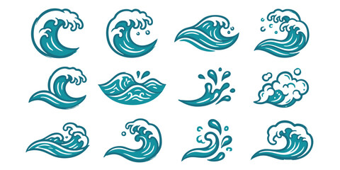 Naklejka premium Ocean waves crash on the shore with various splashing illustrations.