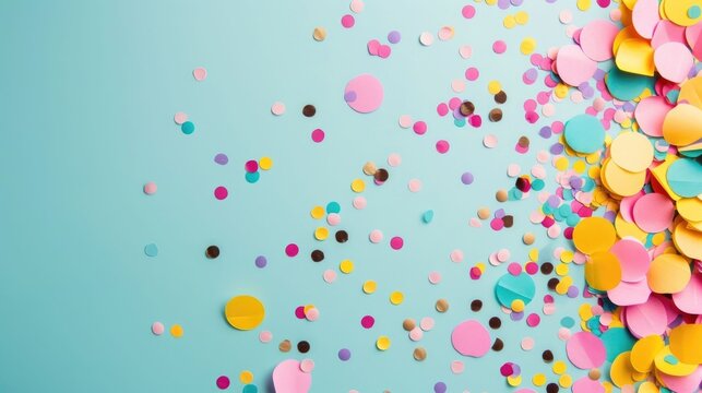 A dynamic spread of colorful circular confetti including pink yellow teal and purple is scattered across a light blue studio background suggesting a celebratory event or party