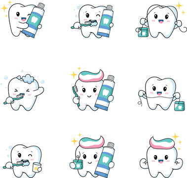 Cute Tooth Character Brushing Teeth Routine