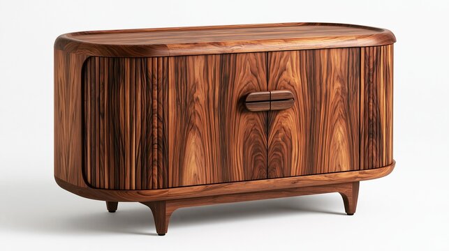 Modern midcentury style solid wood sideboard cabinet with curved edges and fluted door panels placed on plain white background