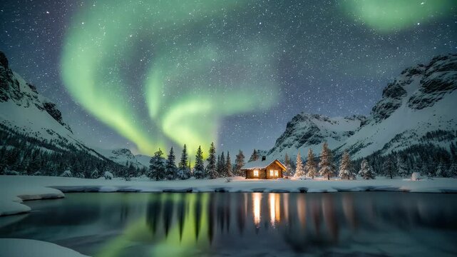 Cozy cabin illuminated under a starry sky with dancing green aurora borealis