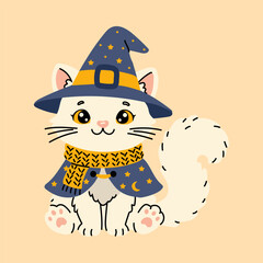 Adorable White Cat Mage Halloween Clipart