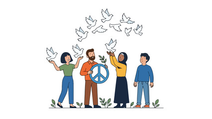 Fototapeta premium People releasing doves and holding peace symbols, global harmony concept, flat vector illustration, minimalist style, white background.