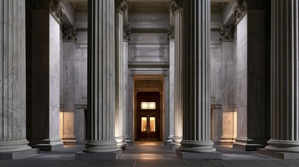 Fototapeta premium Symmetrical corridor lined with tall ornate carved gray marble columns leading towards warmly lit wooden door in classic governmental style stone building