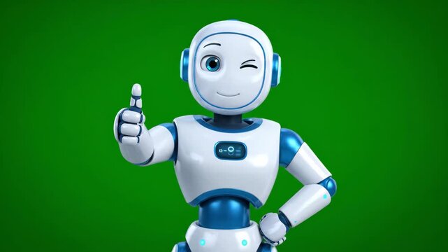 Cheerful robot android with blue and white body, winking, thumbs up, friendly artificial intelligence, futuristic technology, smiling face, digital assistant, expressive eyes, cartoon style