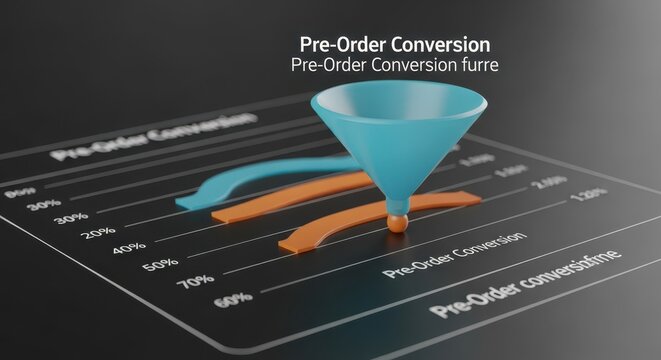 A blue funnel on a dark, graphic surface representing the pre-order conversion process and marketing strategy