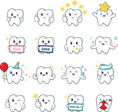 Oral Care Routine Tooth Character Icons