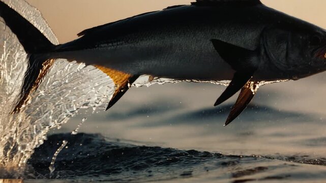 Atlantic Swordfish Breaching at Sunset in the Open Ocean