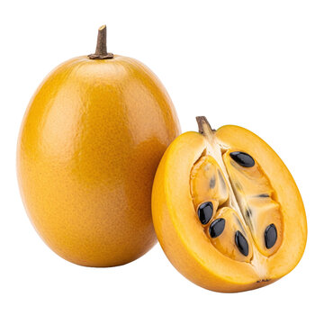 Fresh abiu fruit whole and cut showing seeds isolated on grey.