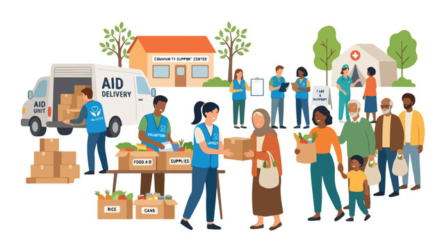 Volunteers helping communities with food and support, humanitarian aid concept, flat vector illustration, minimalist composition, white background.