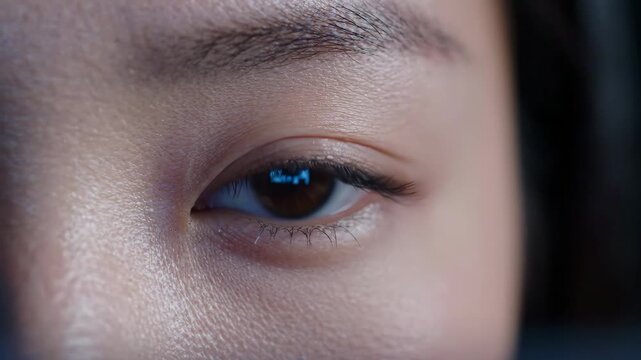 Closed eye smooth skin natural eyebrow long eyelash soft lighting close up calm peaceful relaxation beauty with Asian woman brown eye detail, natural skin texture, healthy macro focus, modern