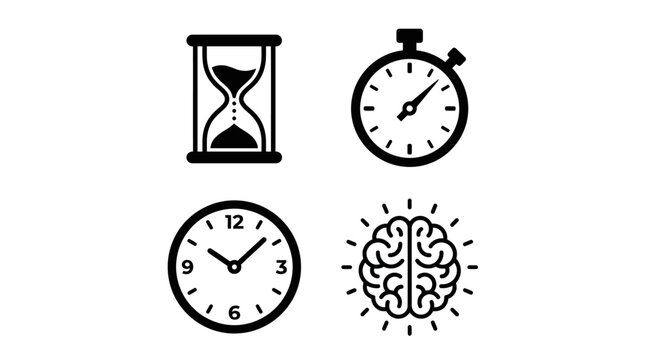 Blue line icons showing hourglass, stopwatch, analog clock, and brain, symbolizing time passage, measurement, cognition, and productivity.