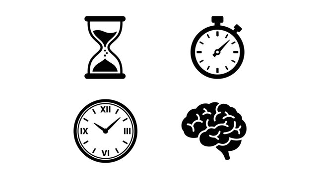 Blue line icons showing hourglass, stopwatch, analog clock, and brain, symbolizing time passage, measurement, cognition, and productivity.