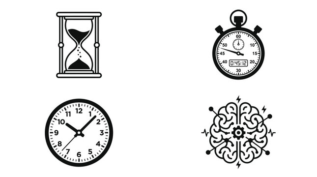 Blue line icons showing hourglass, stopwatch, analog clock, and brain, symbolizing time passage, measurement, cognition, and productivity.