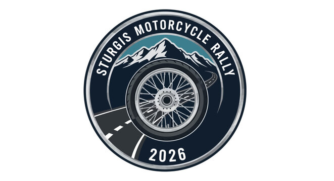 Circular Emblem Design Featuring a Motorcycle Wheel and Mountain Landscape for a 2026 Biker Rally Event Graphics